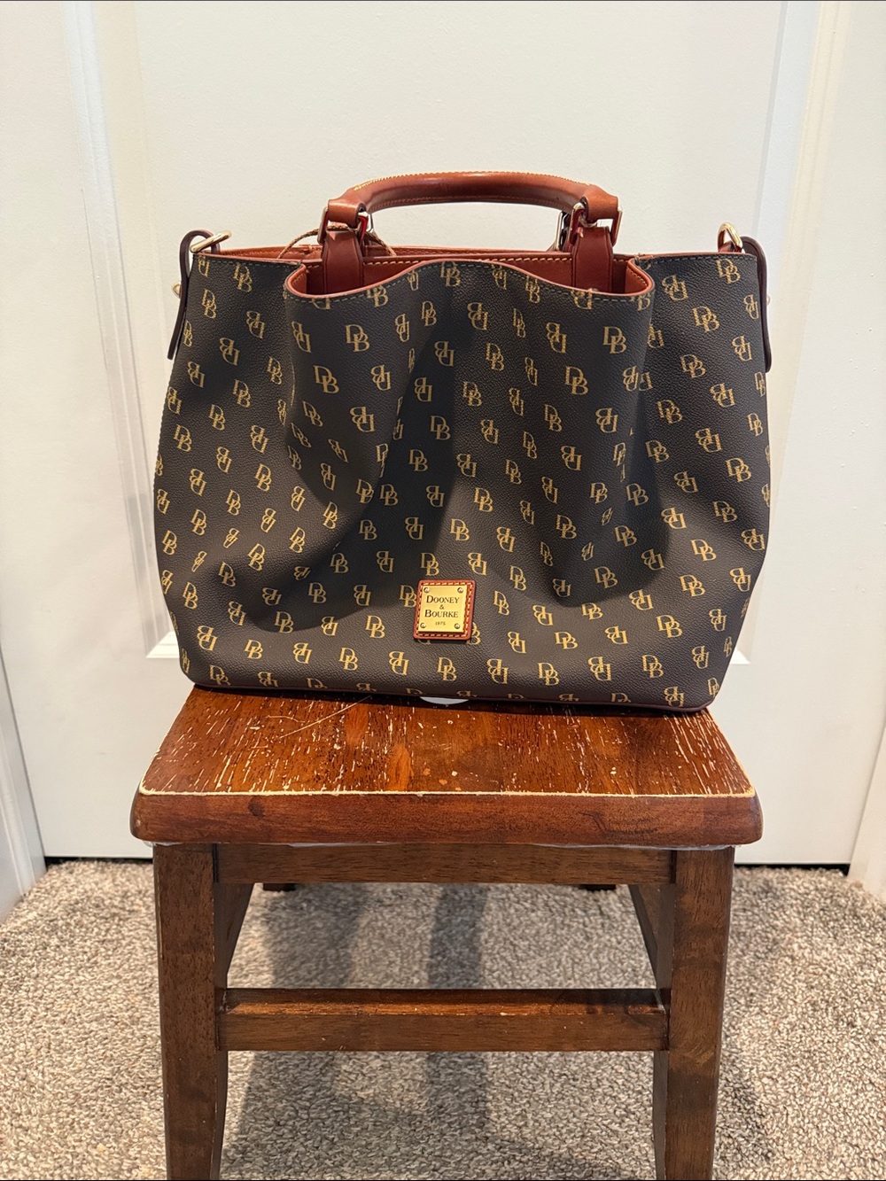 Dooney & Bourke Signature DB Monogram Brown Leather Trim Tote Bag